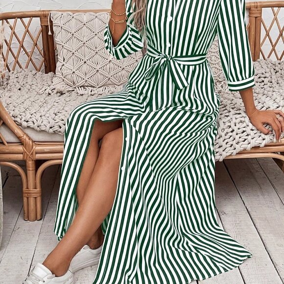 Green Boho Womens Striped Belted Shirt Dress - Picture 3 of 5